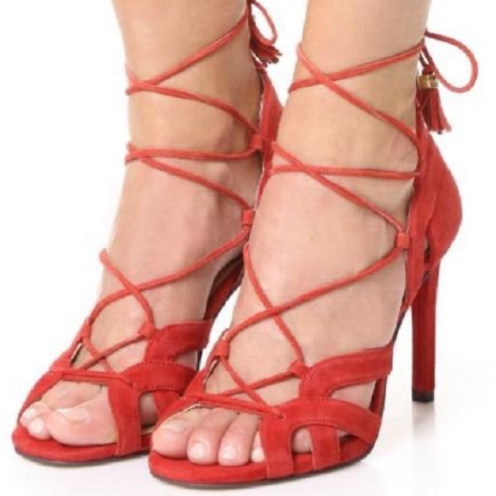 Michael Kors Red Mirabel Suede Strappy Sandal Stiletto Heel Straps w/ Tassels - Picture 2 of 8